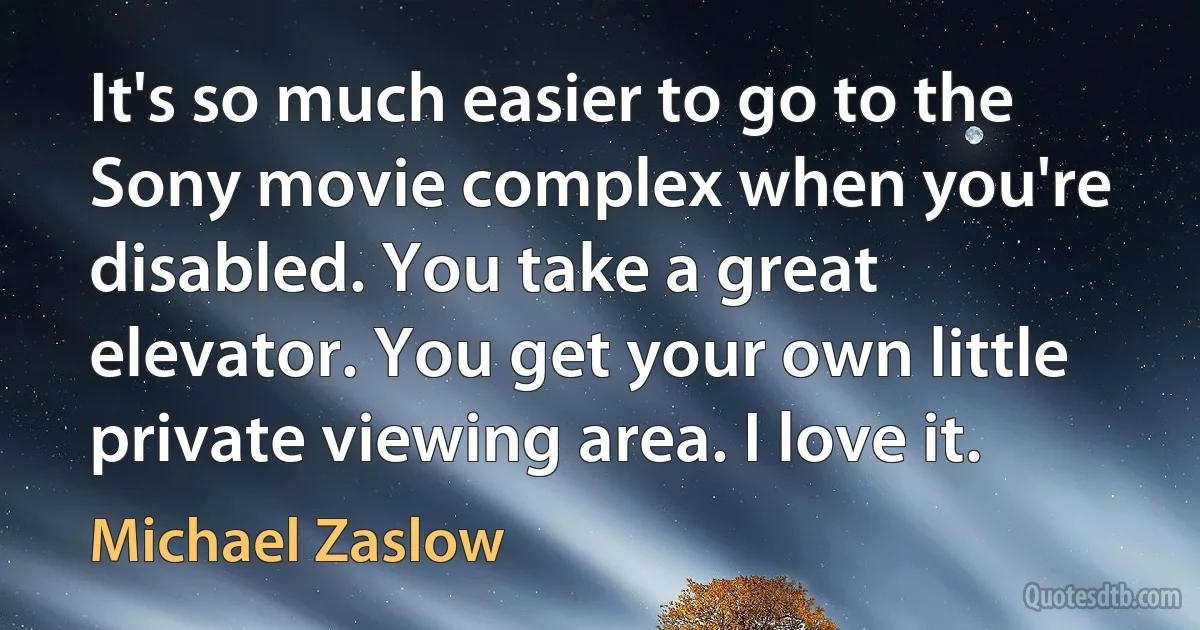 It's so much easier to go to the Sony movie complex when you're disabled. You take a great elevator. You get your own little private viewing area. I love it. (Michael Zaslow)