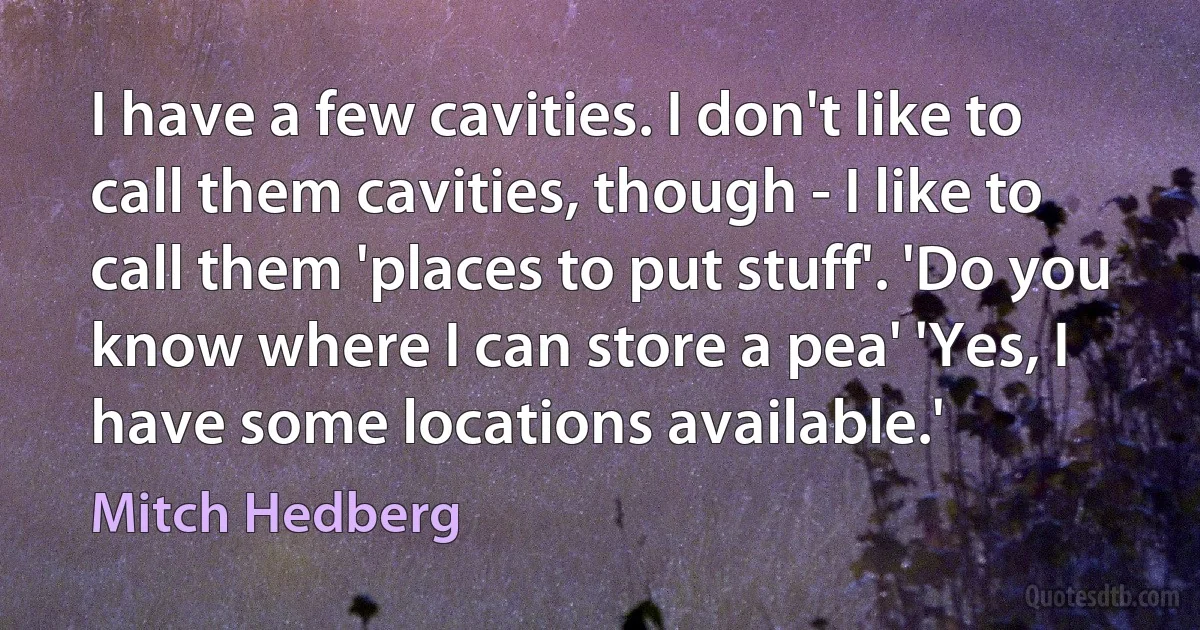 I have a few cavities. I don't like to call them cavities, though - I like to call them 'places to put stuff'. 'Do you know where I can store a pea' 'Yes, I have some locations available.' (Mitch Hedberg)