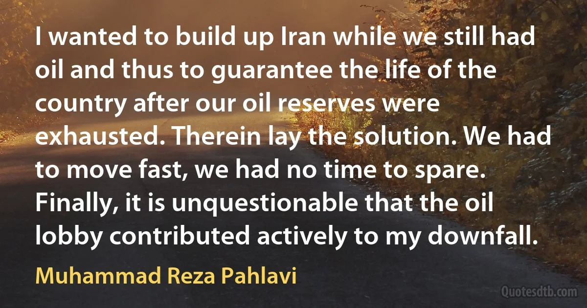 I wanted to build up Iran while we still had oil and thus to guarantee the life of the country after our oil reserves were exhausted. Therein lay the solution. We had to move fast, we had no time to spare. Finally, it is unquestionable that the oil lobby contributed actively to my downfall. (Muhammad Reza Pahlavi)