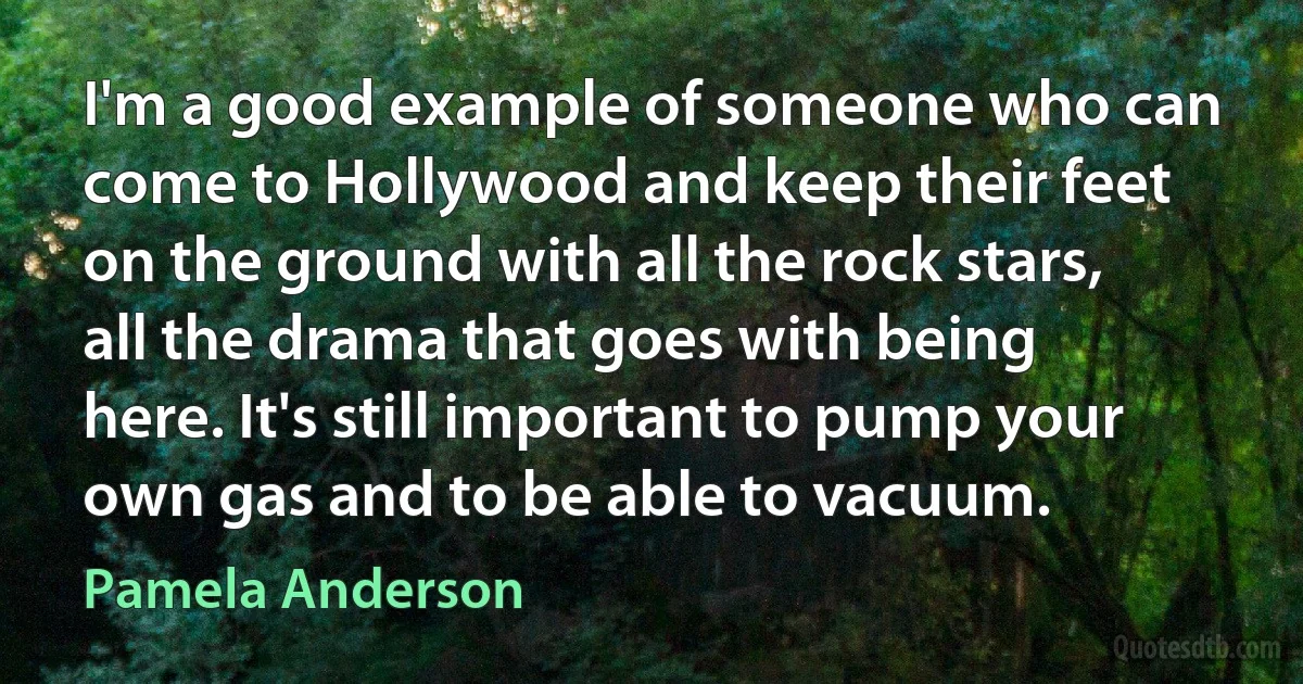 I'm a good example of someone who can come to Hollywood and keep their feet on the ground with all the rock stars, all the drama that goes with being here. It's still important to pump your own gas and to be able to vacuum. (Pamela Anderson)