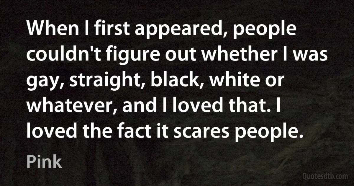 When I first appeared, people couldn't figure out whether I was gay, straight, black, white or whatever, and I loved that. I loved the fact it scares people. (Pink)