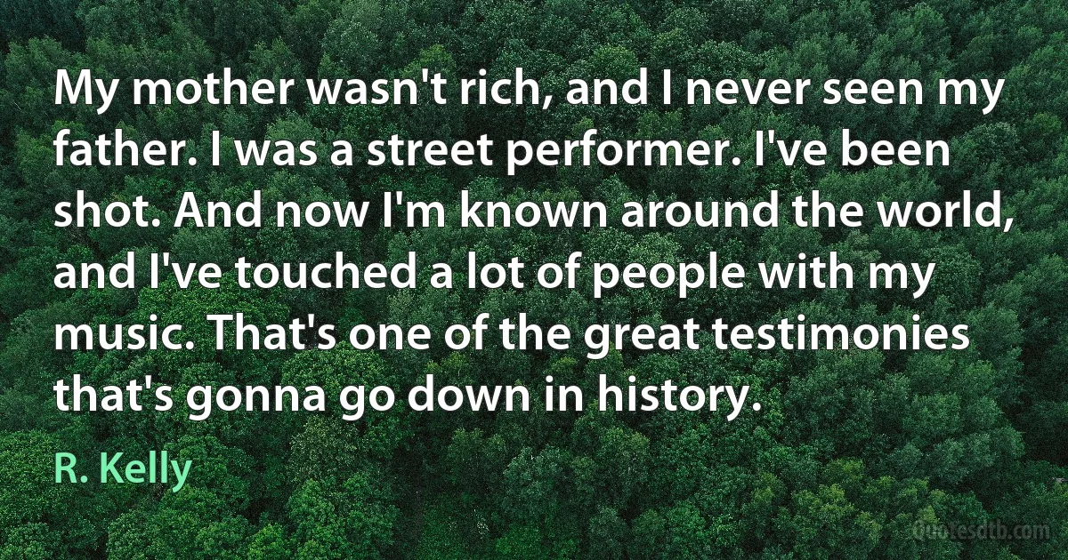 My mother wasn't rich, and I never seen my father. I was a street performer. I've been shot. And now I'm known around the world, and I've touched a lot of people with my music. That's one of the great testimonies that's gonna go down in history. (R. Kelly)