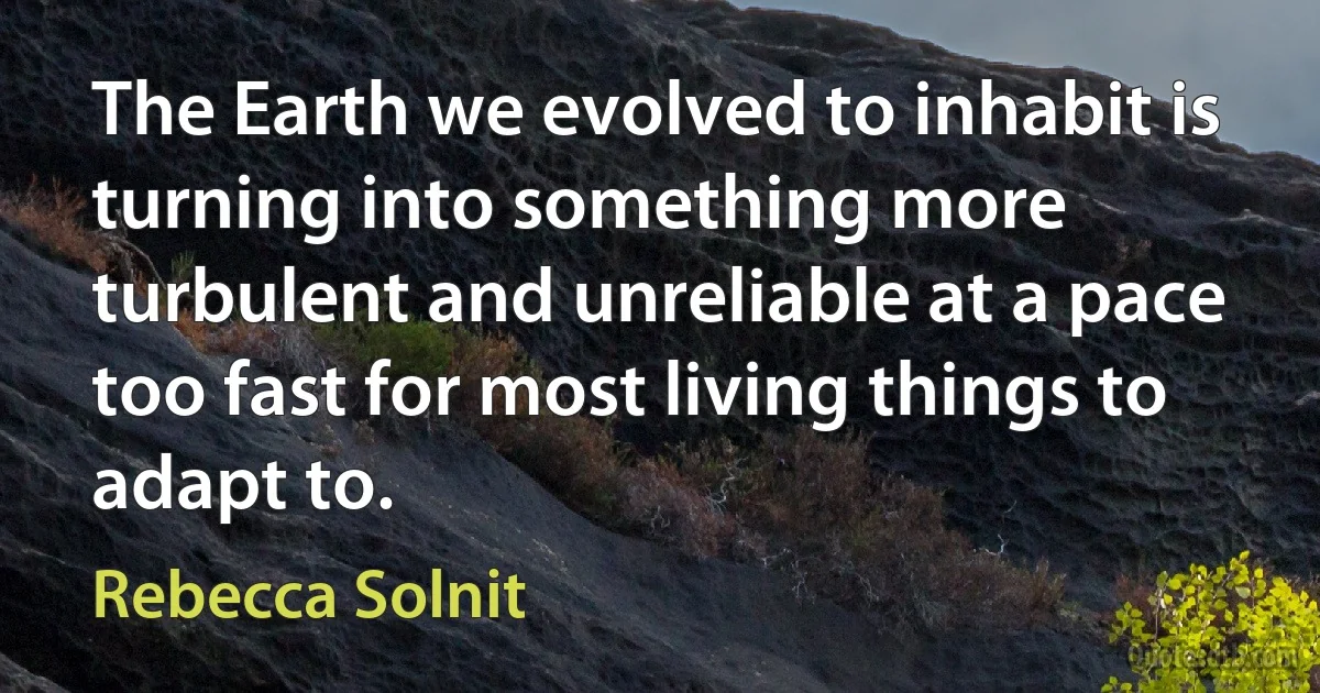 The Earth we evolved to inhabit is turning into something more turbulent and unreliable at a pace too fast for most living things to adapt to. (Rebecca Solnit)