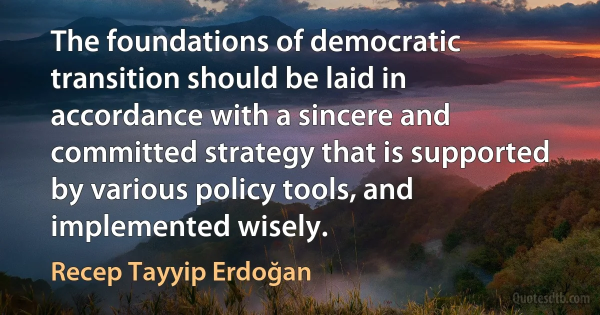 The foundations of democratic transition should be laid in accordance with a sincere and committed strategy that is supported by various policy tools, and implemented wisely. (Recep Tayyip Erdoğan)