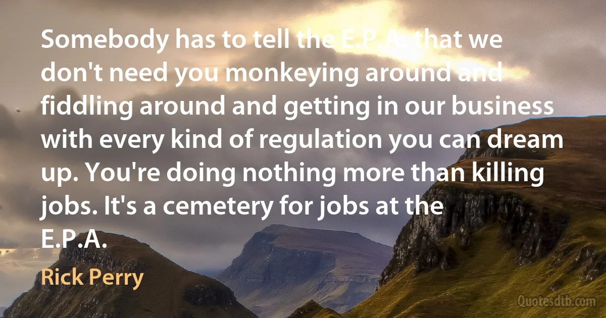 Somebody has to tell the E.P.A. that we don't need you monkeying around and fiddling around and getting in our business with every kind of regulation you can dream up. You're doing nothing more than killing jobs. It's a cemetery for jobs at the E.P.A. (Rick Perry)