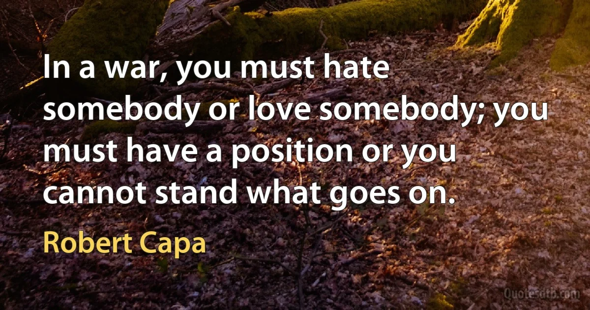 In a war, you must hate somebody or love somebody; you must have a position or you cannot stand what goes on. (Robert Capa)