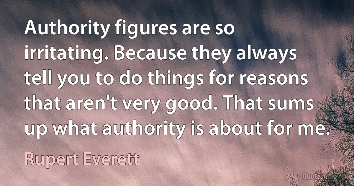 Authority figures are so irritating. Because they always tell you to do things for reasons that aren't very good. That sums up what authority is about for me. (Rupert Everett)