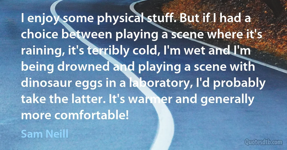 I enjoy some physical stuff. But if I had a choice between playing a scene where it's raining, it's terribly cold, I'm wet and I'm being drowned and playing a scene with dinosaur eggs in a laboratory, I'd probably take the latter. It's warmer and generally more comfortable! (Sam Neill)