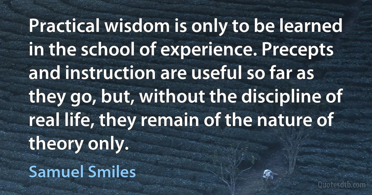 Practical wisdom is only to be learned in the school of experience. Precepts and instruction are useful so far as they go, but, without the discipline of real life, they remain of the nature of theory only. (Samuel Smiles)