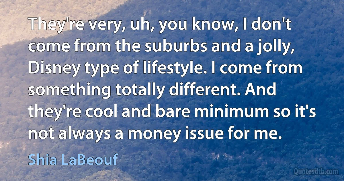 They're very, uh, you know, I don't come from the suburbs and a jolly, Disney type of lifestyle. I come from something totally different. And they're cool and bare minimum so it's not always a money issue for me. (Shia LaBeouf)