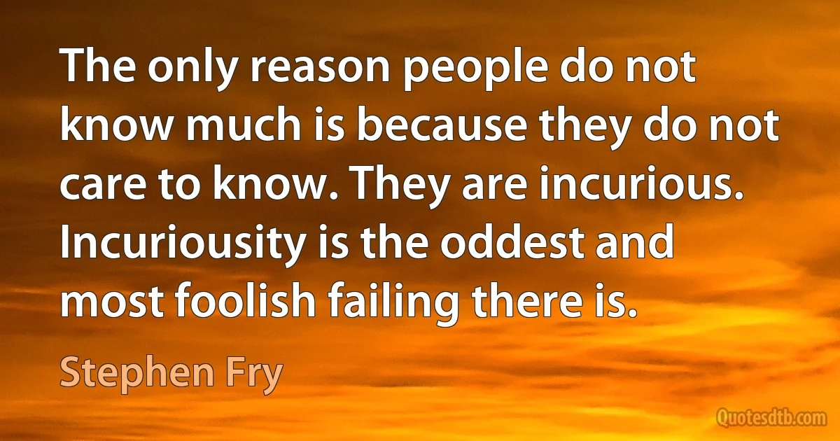 The only reason people do not know much is because they do not care to know. They are incurious. Incuriousity is the oddest and most foolish failing there is. (Stephen Fry)