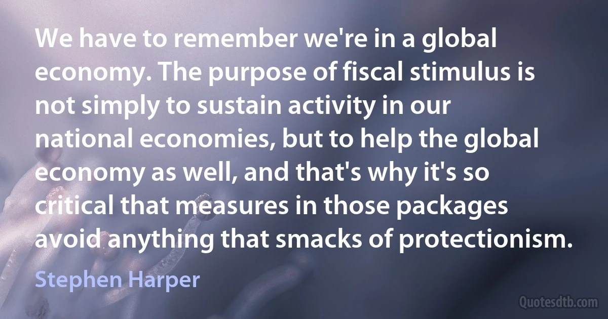 We have to remember we're in a global economy. The purpose of fiscal stimulus is not simply to sustain activity in our national economies, but to help the global economy as well, and that's why it's so critical that measures in those packages avoid anything that smacks of protectionism. (Stephen Harper)