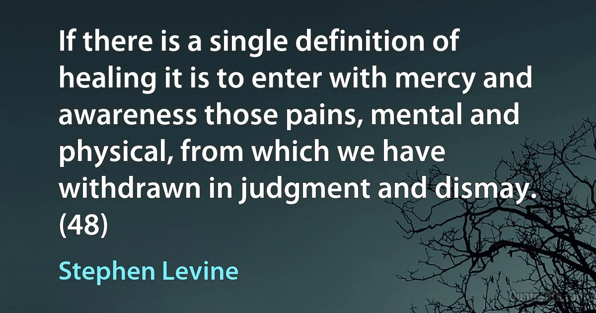 If there is a single definition of healing it is to enter with mercy and awareness those pains, mental and physical, from which we have withdrawn in judgment and dismay. (48) (Stephen Levine)