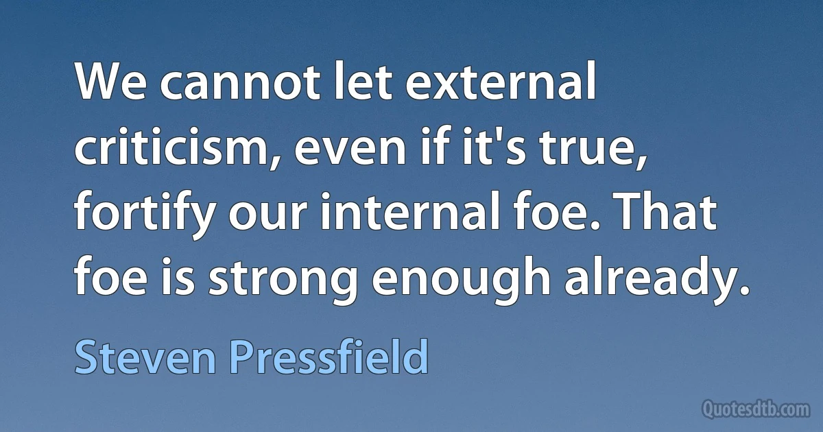 We cannot let external criticism, even if it's true, fortify our internal foe. That foe is strong enough already. (Steven Pressfield)