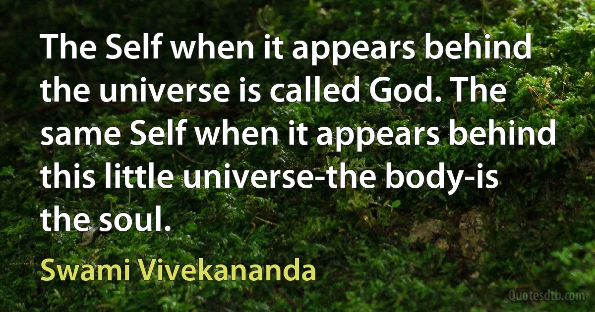 The Self when it appears behind the universe is called God. The same Self when it appears behind this little universe-the body-is the soul. (Swami Vivekananda)