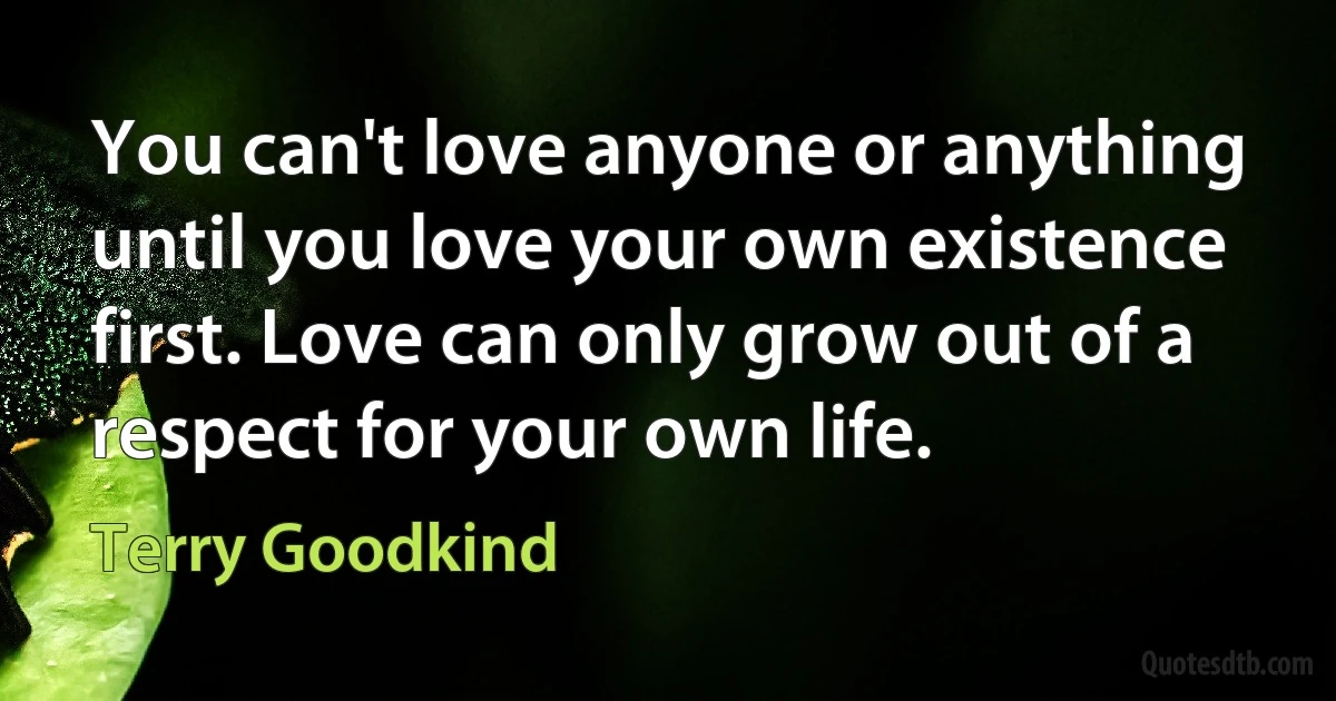 You can't love anyone or anything until you love your own existence first. Love can only grow out of a respect for your own life. (Terry Goodkind)