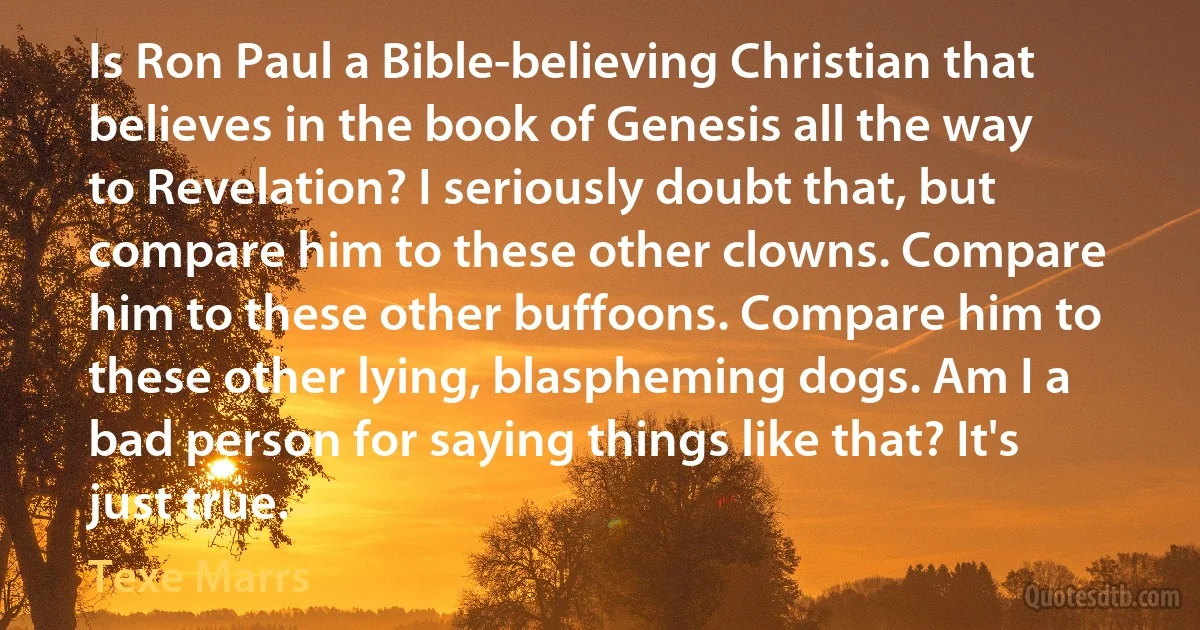 Is Ron Paul a Bible-believing Christian that believes in the book of Genesis all the way to Revelation? I seriously doubt that, but compare him to these other clowns. Compare him to these other buffoons. Compare him to these other lying, blaspheming dogs. Am I a bad person for saying things like that? It's just true. (Texe Marrs)