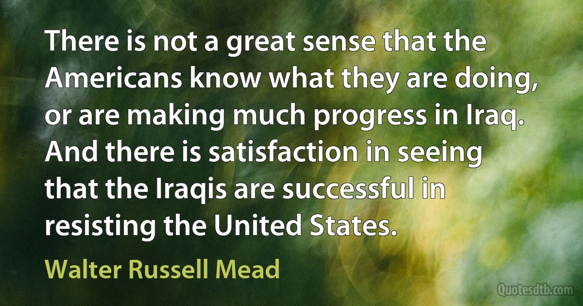 There is not a great sense that the Americans know what they are doing, or are making much progress in Iraq. And there is satisfaction in seeing that the Iraqis are successful in resisting the United States. (Walter Russell Mead)