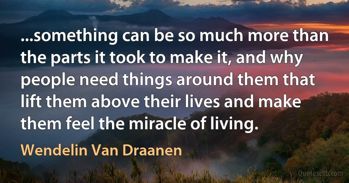 ...something can be so much more than the parts it took to make it, and why people need things around them that lift them above their lives and make them feel the miracle of living. (Wendelin Van Draanen)