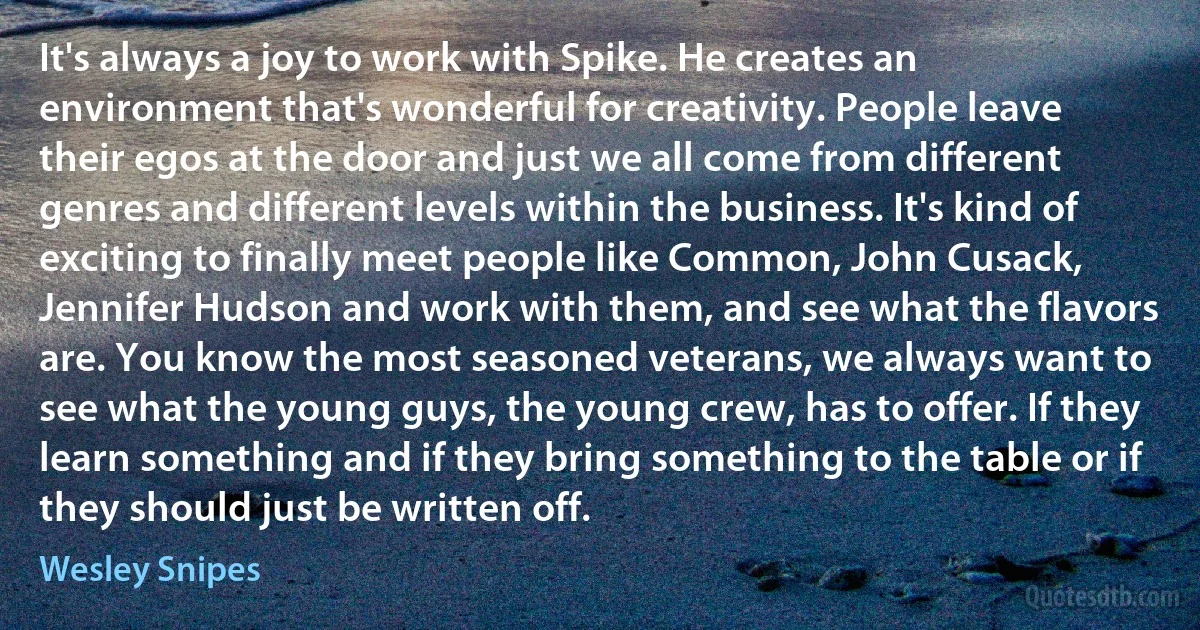 It's always a joy to work with Spike. He creates an environment that's wonderful for creativity. People leave their egos at the door and just we all come from different genres and different levels within the business. It's kind of exciting to finally meet people like Common, John Cusack, Jennifer Hudson and work with them, and see what the flavors are. You know the most seasoned veterans, we always want to see what the young guys, the young crew, has to offer. If they learn something and if they bring something to the table or if they should just be written off. (Wesley Snipes)