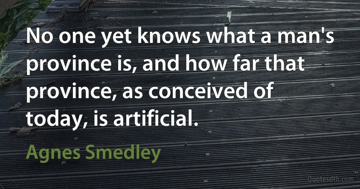 No one yet knows what a man's province is, and how far that province, as conceived of today, is artificial. (Agnes Smedley)