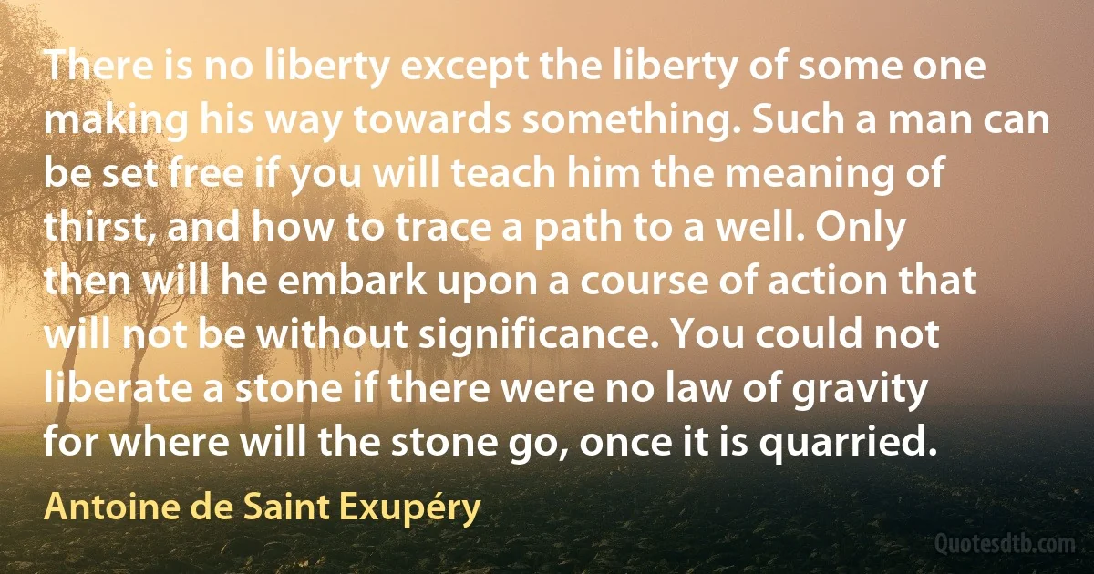 There is no liberty except the liberty of some one making his way towards something. Such a man can be set free if you will teach him the meaning of thirst, and how to trace a path to a well. Only then will he embark upon a course of action that will not be without significance. You could not liberate a stone if there were no law of gravity for where will the stone go, once it is quarried. (Antoine de Saint Exupéry)