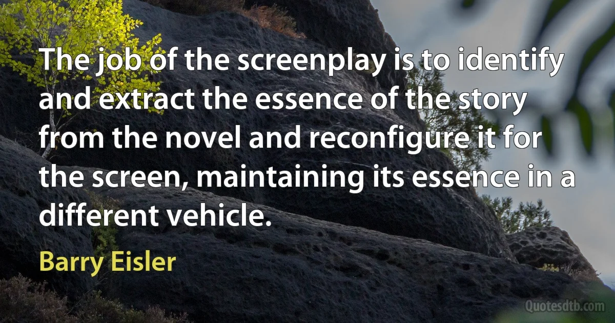 The job of the screenplay is to identify and extract the essence of the story from the novel and reconfigure it for the screen, maintaining its essence in a different vehicle. (Barry Eisler)