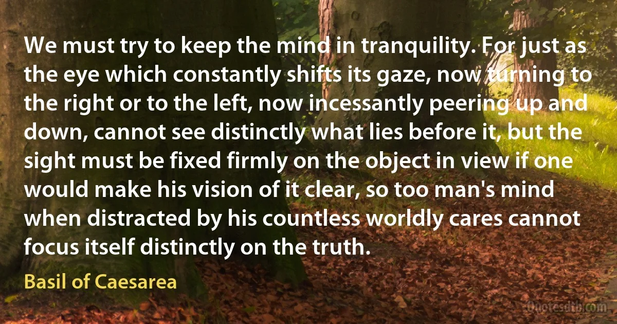 We must try to keep the mind in tranquility. For just as the eye which constantly shifts its gaze, now turning to the right or to the left, now incessantly peering up and down, cannot see distinctly what lies before it, but the sight must be fixed firmly on the object in view if one would make his vision of it clear, so too man's mind when distracted by his countless worldly cares cannot focus itself distinctly on the truth. (Basil of Caesarea)