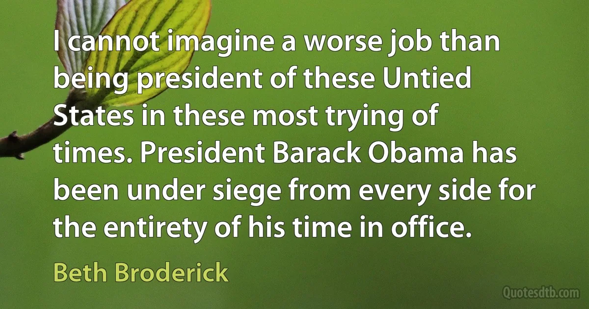 I cannot imagine a worse job than being president of these Untied States in these most trying of times. President Barack Obama has been under siege from every side for the entirety of his time in office. (Beth Broderick)