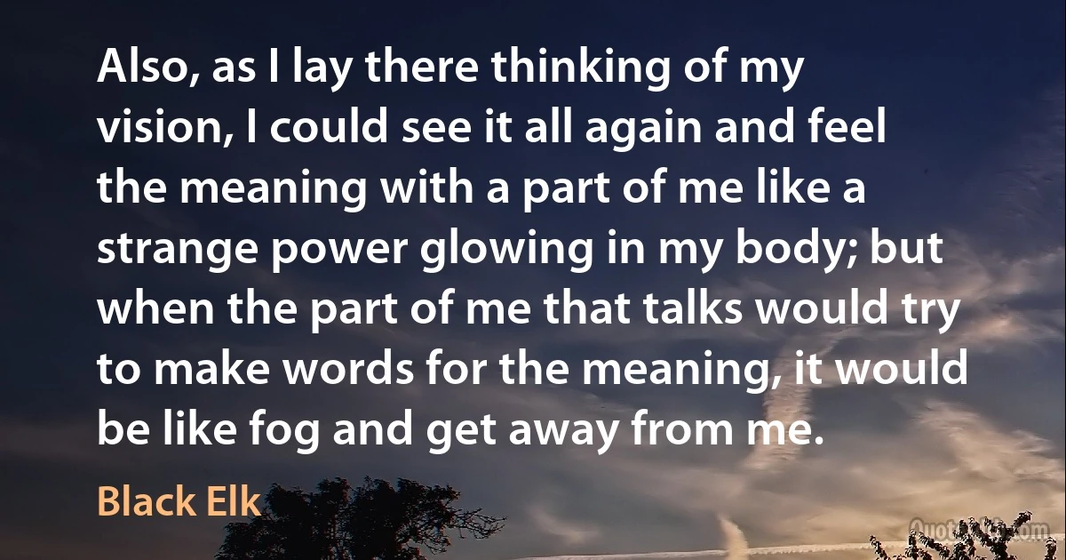 Also, as I lay there thinking of my vision, I could see it all again and feel the meaning with a part of me like a strange power glowing in my body; but when the part of me that talks would try to make words for the meaning, it would be like fog and get away from me. (Black Elk)