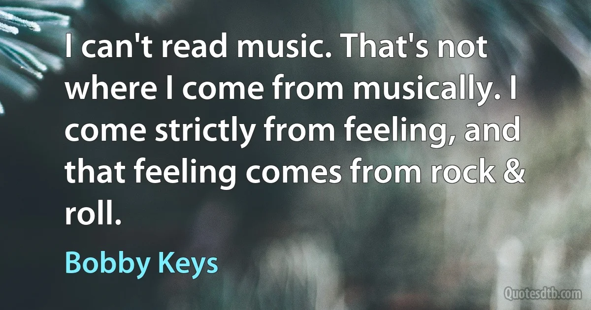 I can't read music. That's not where I come from musically. I come strictly from feeling, and that feeling comes from rock & roll. (Bobby Keys)