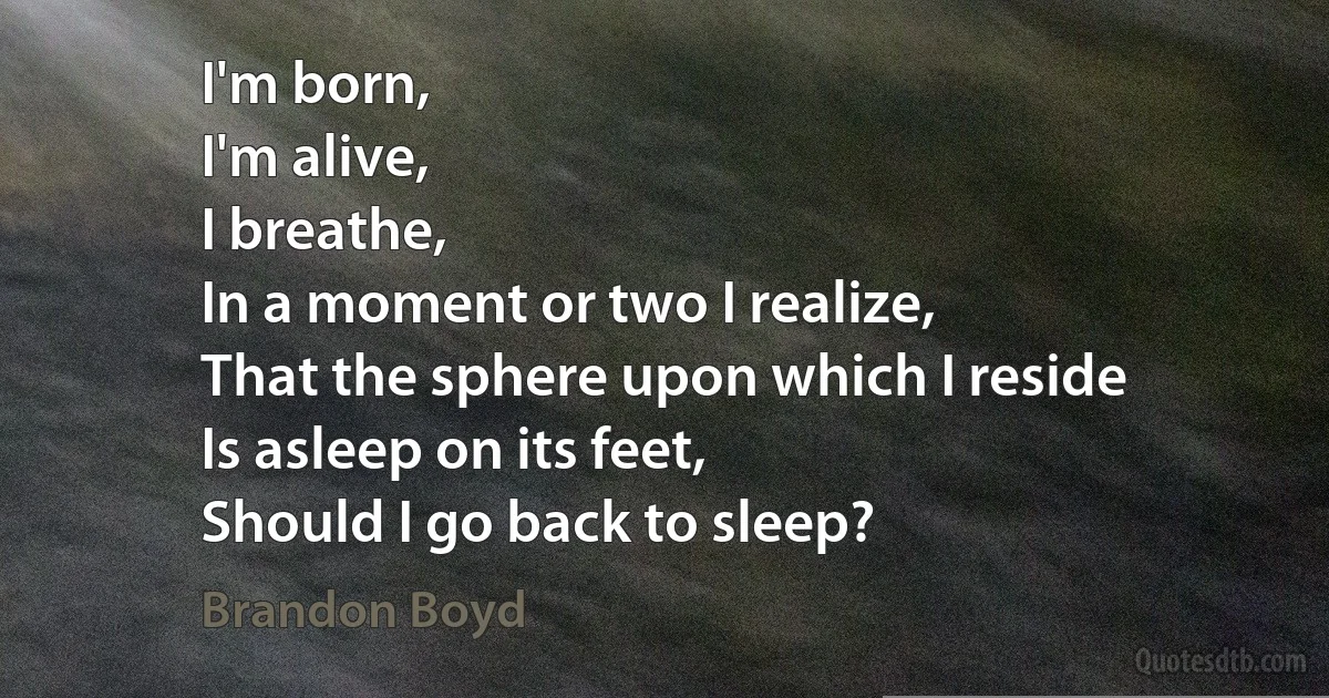 I'm born,
I'm alive,
I breathe,
In a moment or two I realize,
That the sphere upon which I reside
Is asleep on its feet,
Should I go back to sleep? (Brandon Boyd)