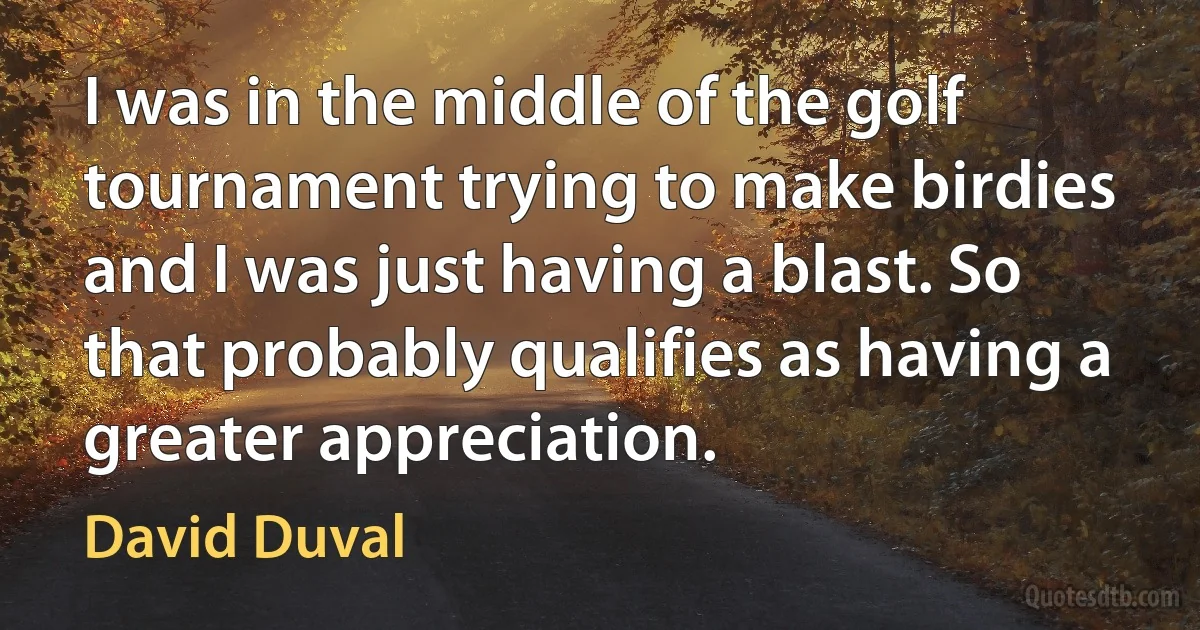 I was in the middle of the golf tournament trying to make birdies and I was just having a blast. So that probably qualifies as having a greater appreciation. (David Duval)