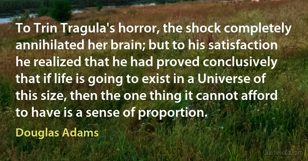 To Trin Tragula's horror, the shock completely annihilated her brain; but to his satisfaction he realized that he had proved conclusively that if life is going to exist in a Universe of this size, then the one thing it cannot afford to have is a sense of proportion. (Douglas Adams)