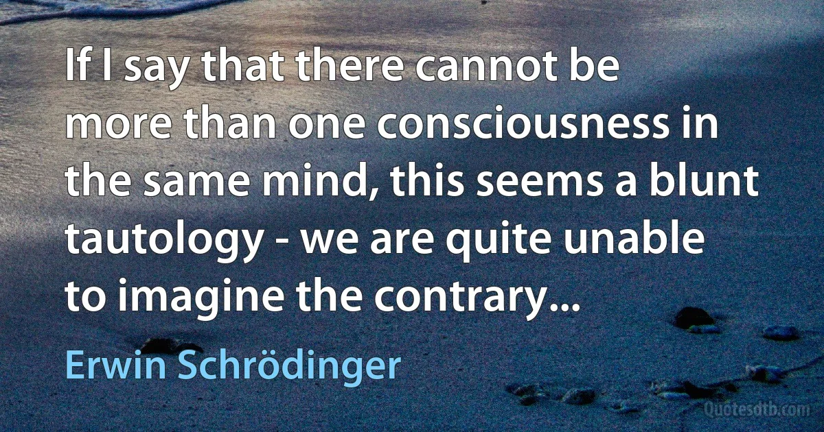 If I say that there cannot be more than one consciousness in the same mind, this seems a blunt tautology - we are quite unable to imagine the contrary... (Erwin Schrödinger)