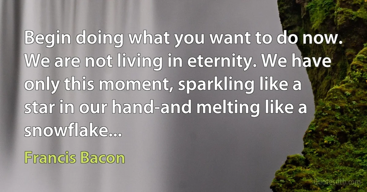 Begin doing what you want to do now. We are not living in eternity. We have only this moment, sparkling like a star in our hand-and melting like a snowflake... (Francis Bacon)