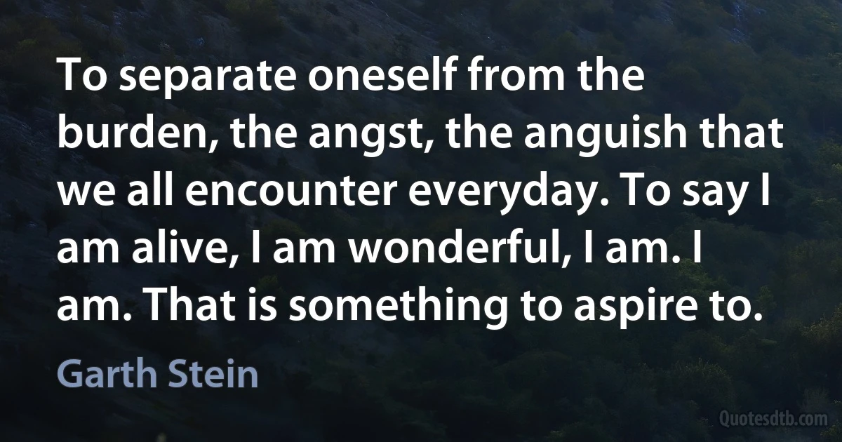 To separate oneself from the burden, the angst, the anguish that we all encounter everyday. To say I am alive, I am wonderful, I am. I am. That is something to aspire to. (Garth Stein)