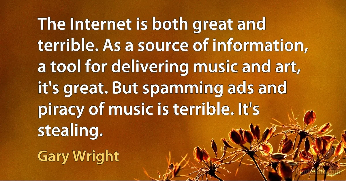 The Internet is both great and terrible. As a source of information, a tool for delivering music and art, it's great. But spamming ads and piracy of music is terrible. It's stealing. (Gary Wright)