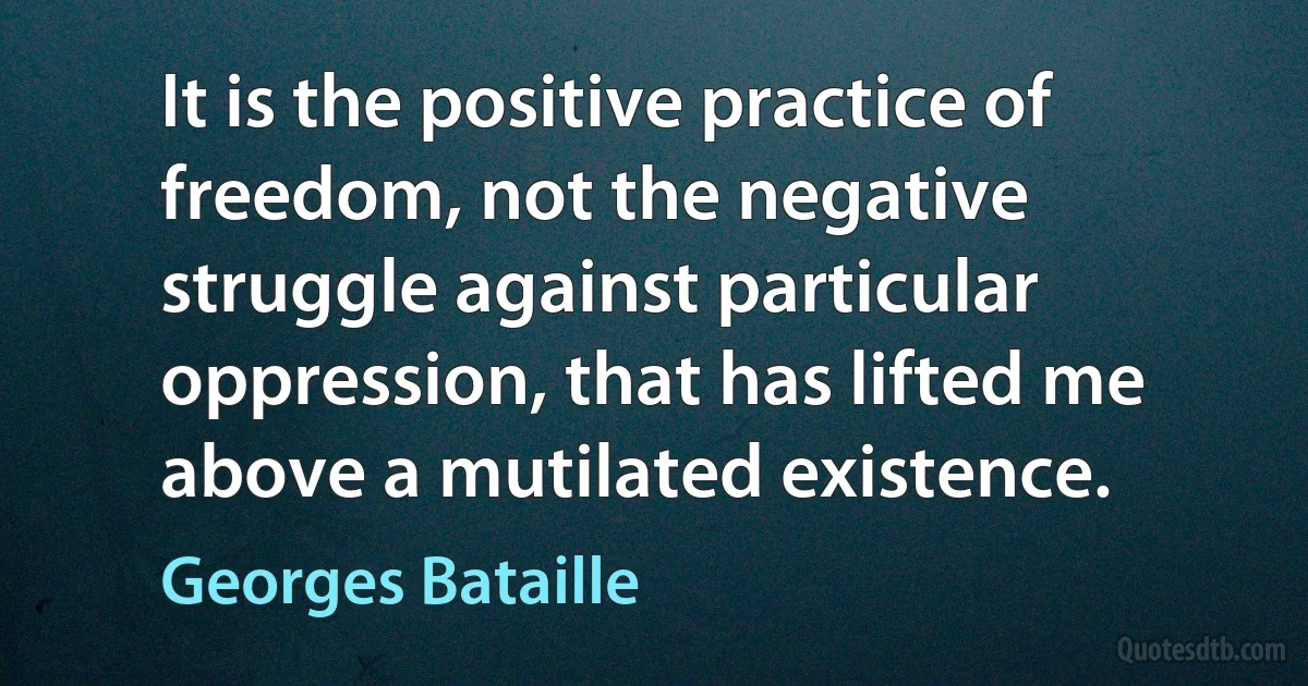 It is the positive practice of freedom, not the negative struggle against particular oppression, that has lifted me above a mutilated existence. (Georges Bataille)