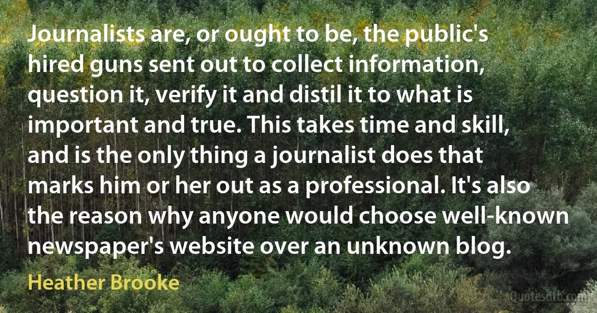 Journalists are, or ought to be, the public's hired guns sent out to collect information, question it, verify it and distil it to what is important and true. This takes time and skill, and is the only thing a journalist does that marks him or her out as a professional. It's also the reason why anyone would choose well-known newspaper's website over an unknown blog. (Heather Brooke)