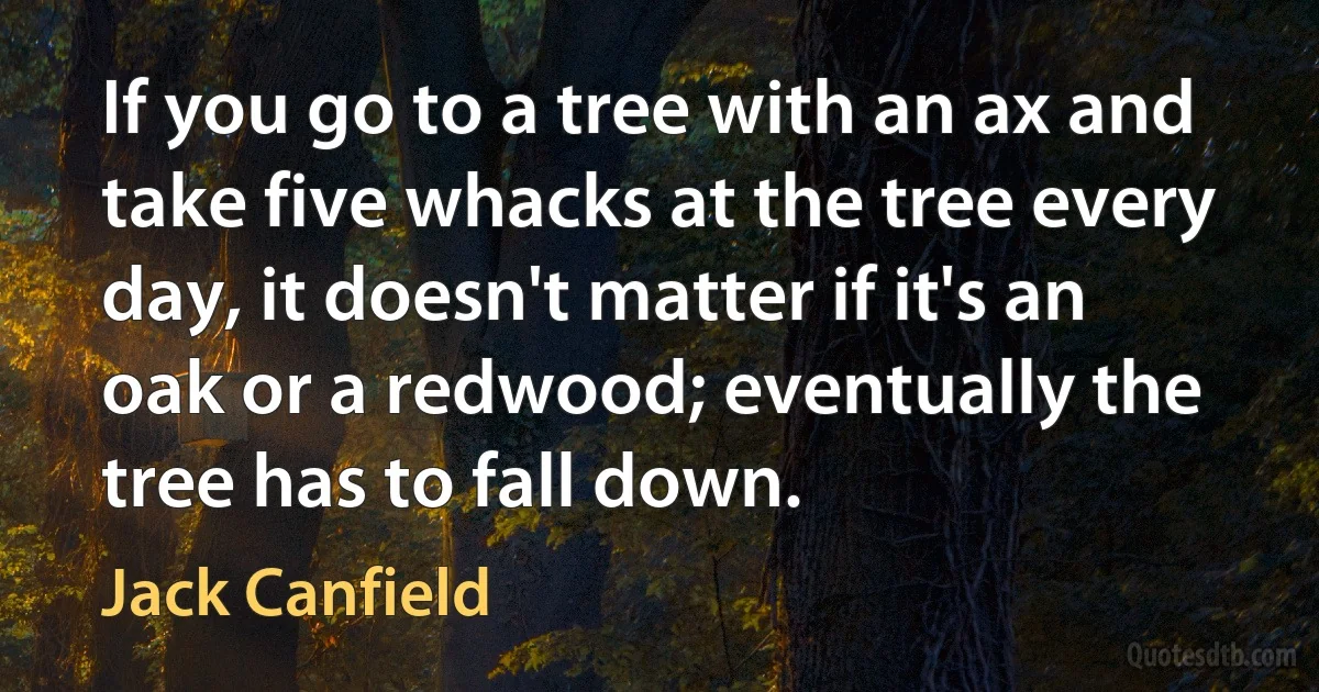 If you go to a tree with an ax and take five whacks at the tree every day, it doesn't matter if it's an oak or a redwood; eventually the tree has to fall down. (Jack Canfield)