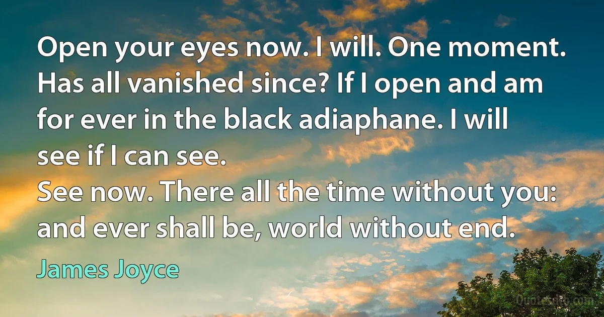 Open your eyes now. I will. One moment. Has all vanished since? If I open and am for ever in the black adiaphane. I will see if I can see.
See now. There all the time without you: and ever shall be, world without end. (James Joyce)