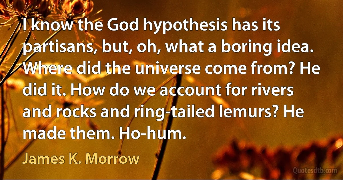 I know the God hypothesis has its partisans, but, oh, what a boring idea. Where did the universe come from? He did it. How do we account for rivers and rocks and ring-tailed lemurs? He made them. Ho-hum. (James K. Morrow)