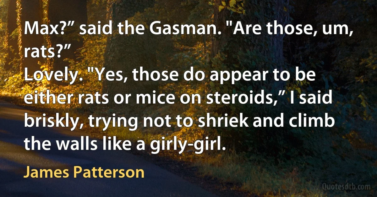 Max?” said the Gasman. "Are those, um, rats?”
Lovely. "Yes, those do appear to be either rats or mice on steroids,” I said briskly, trying not to shriek and climb the walls like a girly-girl. (James Patterson)