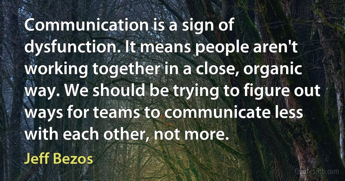 Communication is a sign of dysfunction. It means people aren't working together in a close, organic way. We should be trying to figure out ways for teams to communicate less with each other, not more. (Jeff Bezos)