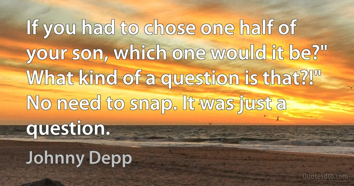 If you had to chose one half of your son, which one would it be?"
What kind of a question is that?!"
No need to snap. It was just a question. (Johnny Depp)