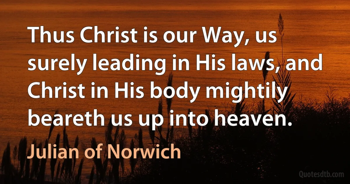 Thus Christ is our Way, us surely leading in His laws, and Christ in His body mightily beareth us up into heaven. (Julian of Norwich)