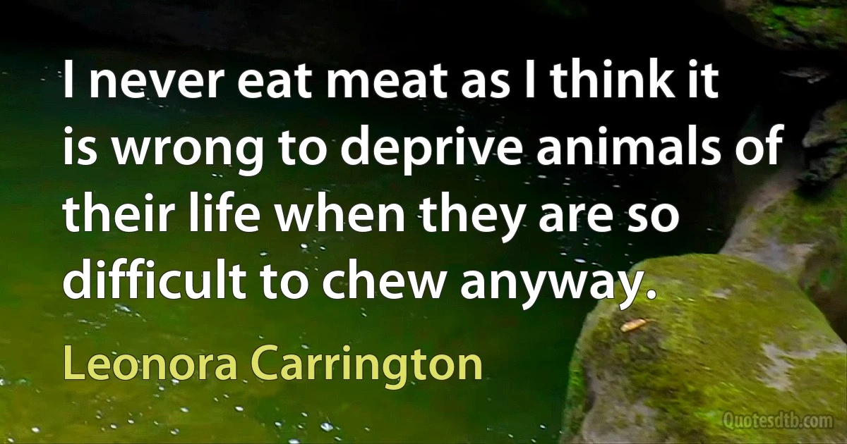 I never eat meat as I think it is wrong to deprive animals of their life when they are so difficult to chew anyway. (Leonora Carrington)