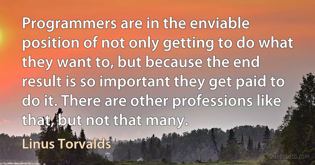 Programmers are in the enviable position of not only getting to do what they want to, but because the end result is so important they get paid to do it. There are other professions like that, but not that many. (Linus Torvalds)