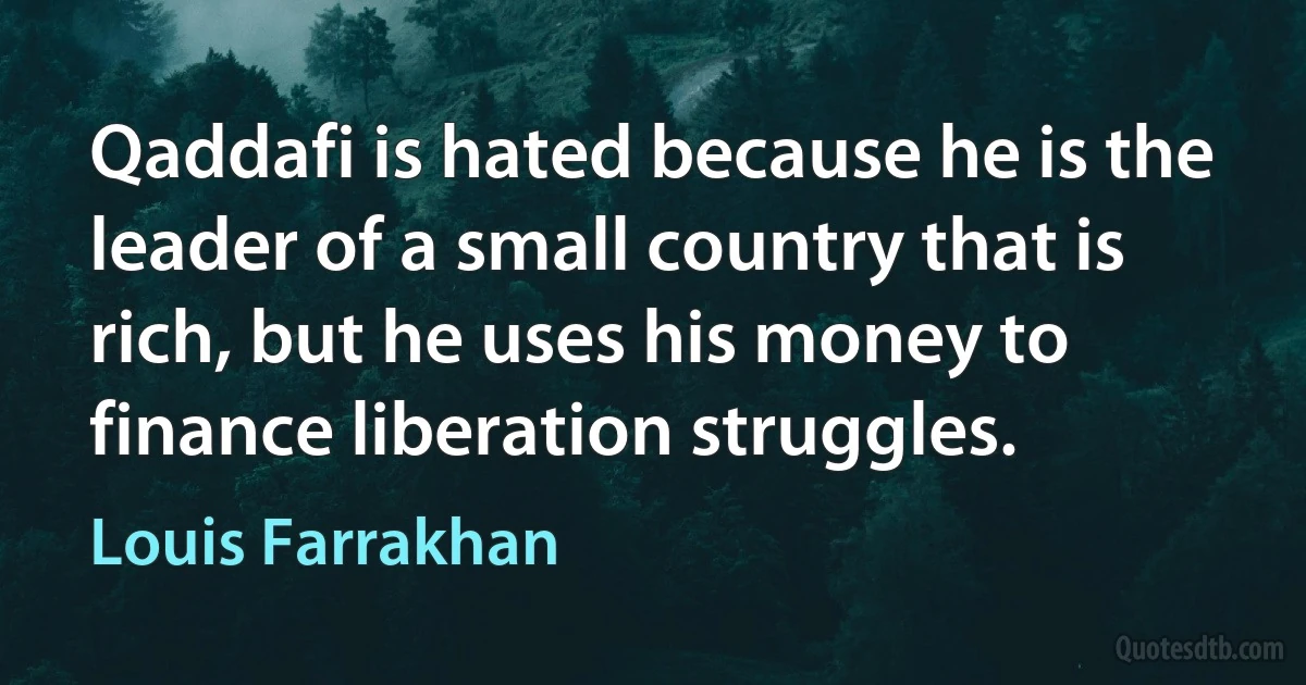 Qaddafi is hated because he is the leader of a small country that is rich, but he uses his money to finance liberation struggles. (Louis Farrakhan)